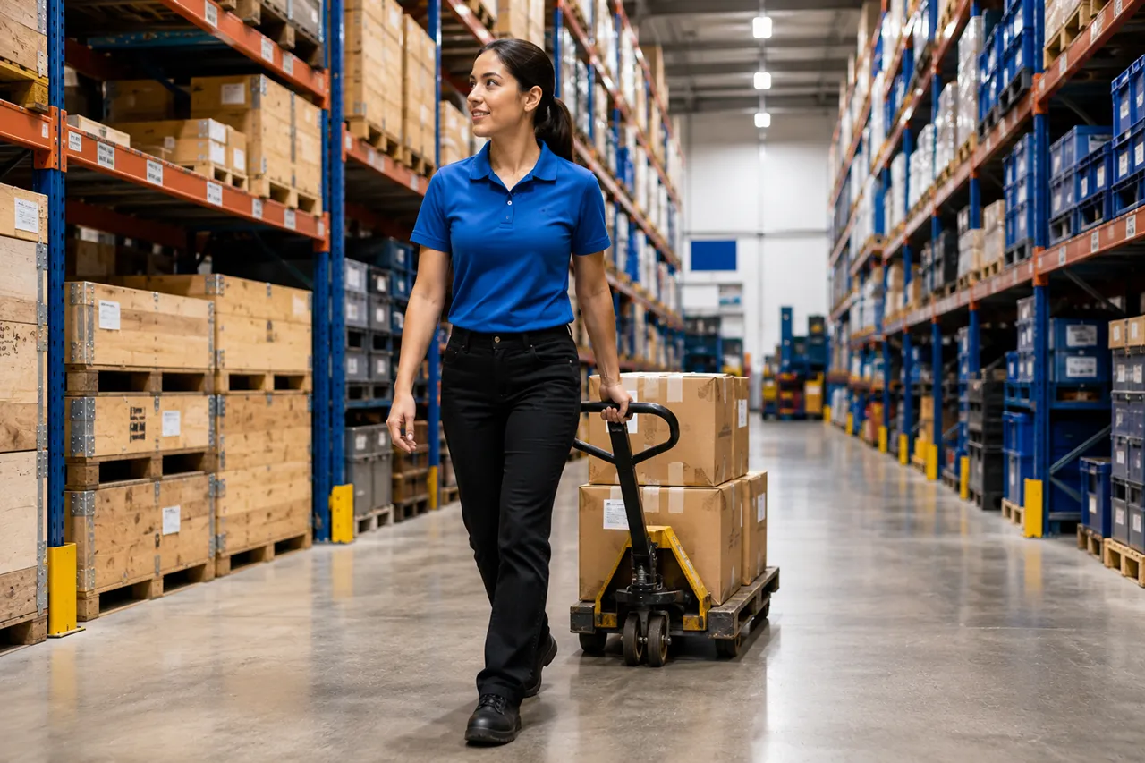 Warehouse Employee Transporting Boxes To Shipping Center